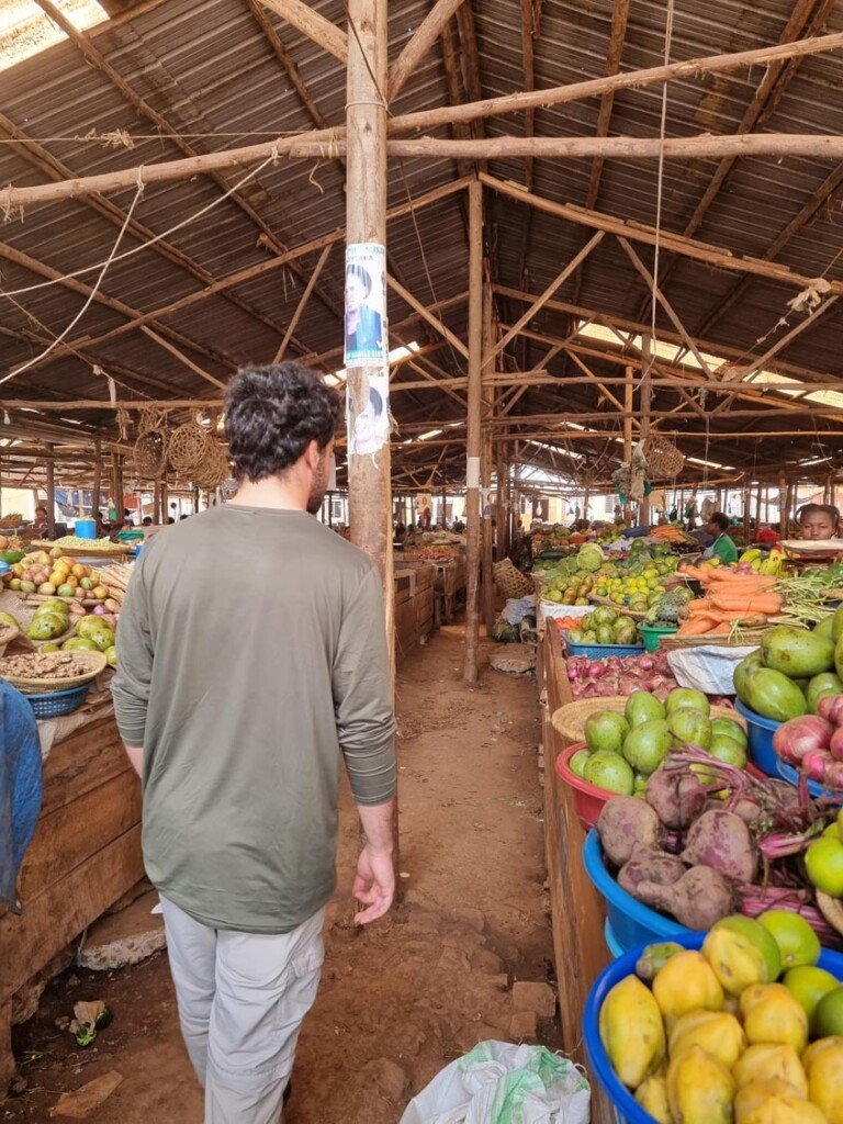 A person in a green shirt walks through a bustling market with wooden stalls. The stalls are filled with various fruits and vegetables like mangoes, carrots, and beets. The market has a rustic, open-air structure with a corrugated metal roof. Uganda Amatsiko Tours