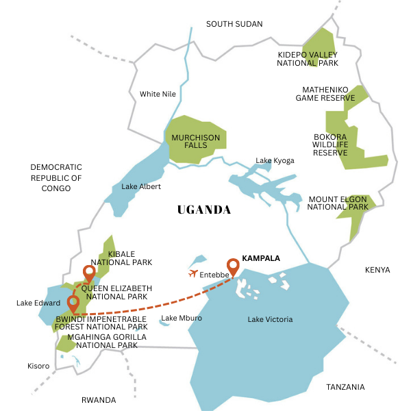 4 day Uganda Wildlife map